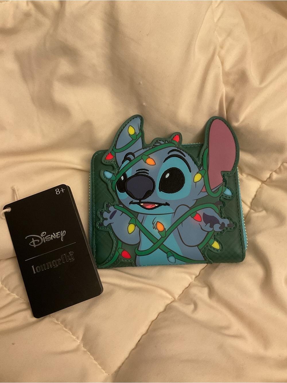 Disney Stitch Wallet with Multicolored Holiday Lights on Green loungefly